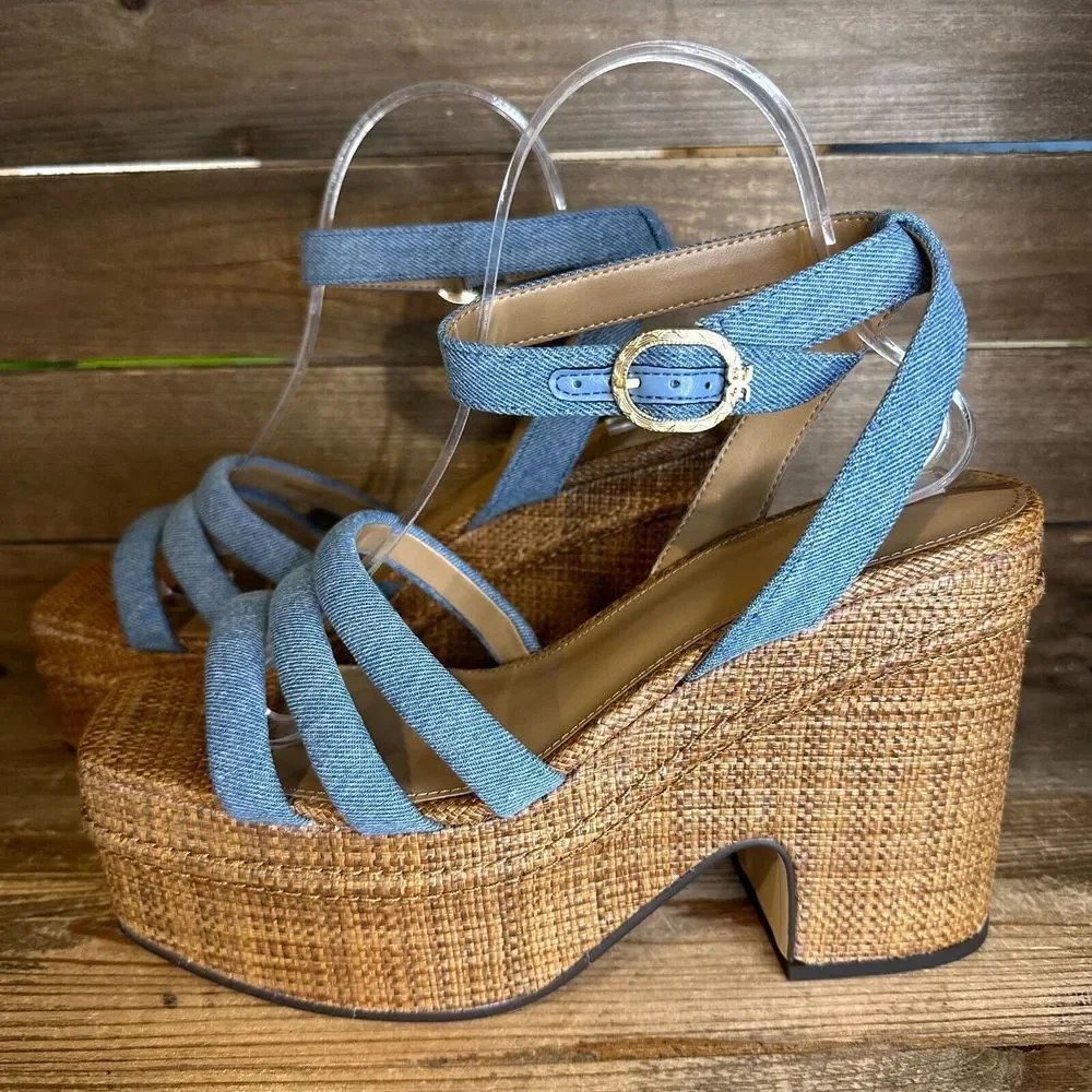 New NIB‎ Womens Sam Edelman Tibby Blue Denim Wedge Heeled Sandals Shoes Size 9.5